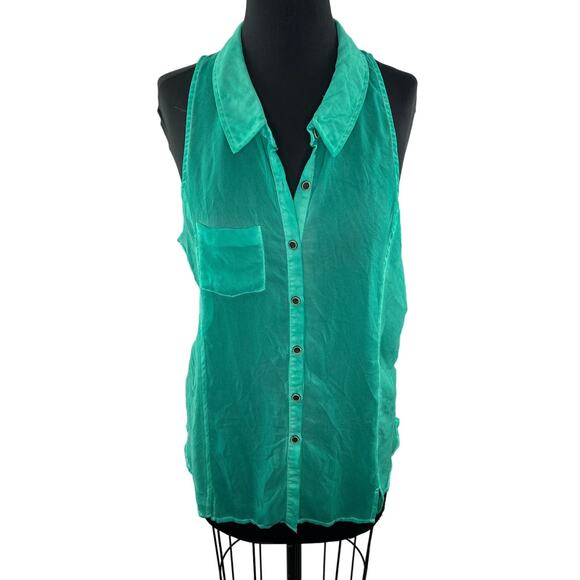We The FREE PEOPLE Green Collar Sleeveless Button Down Tank Top Size M Medium - Picture 1 of 9